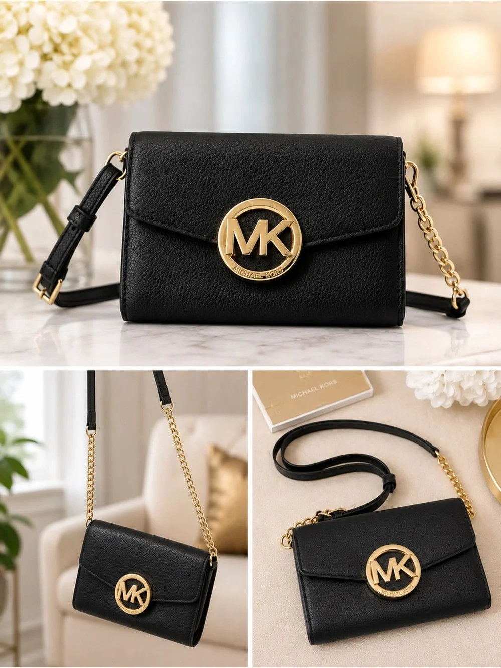 MICHAEL KORS! BLACK PEBBLED LEATHER CROSSBODY WITH STUNNING GOLD MK MEDALLION!